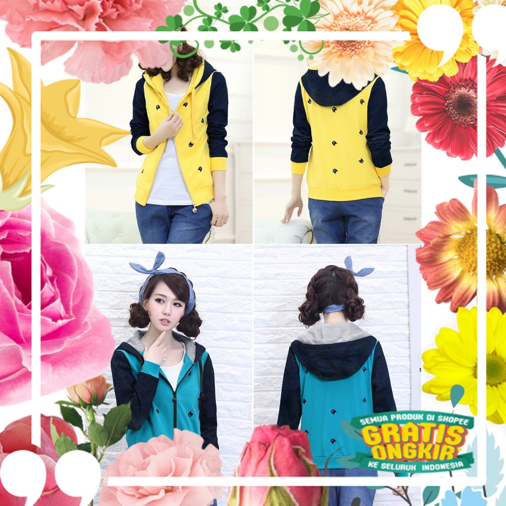 JAKET FASHION WANITA/JAKET COMBI BANYTERRY- DENIM / merah biru kunng tosca
