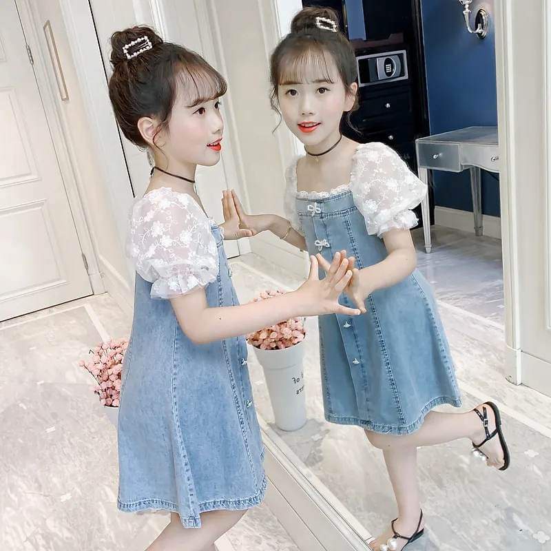 Dress Anak Perempuan Soft Jeans Ribbon Flower