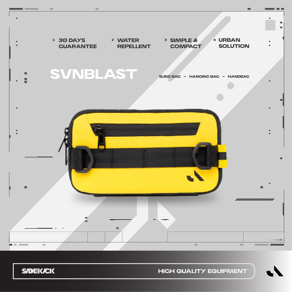 Sidekick Project SVNBLAST Sling Bag Warna Hitam Kuning Multifungsi (Tech wear + Hanging Bag) Bahan Polyester Waterproof Ukuran 19 x 11 x 2 CM Organizer Card Pocket Tas Selempang HP Dompet