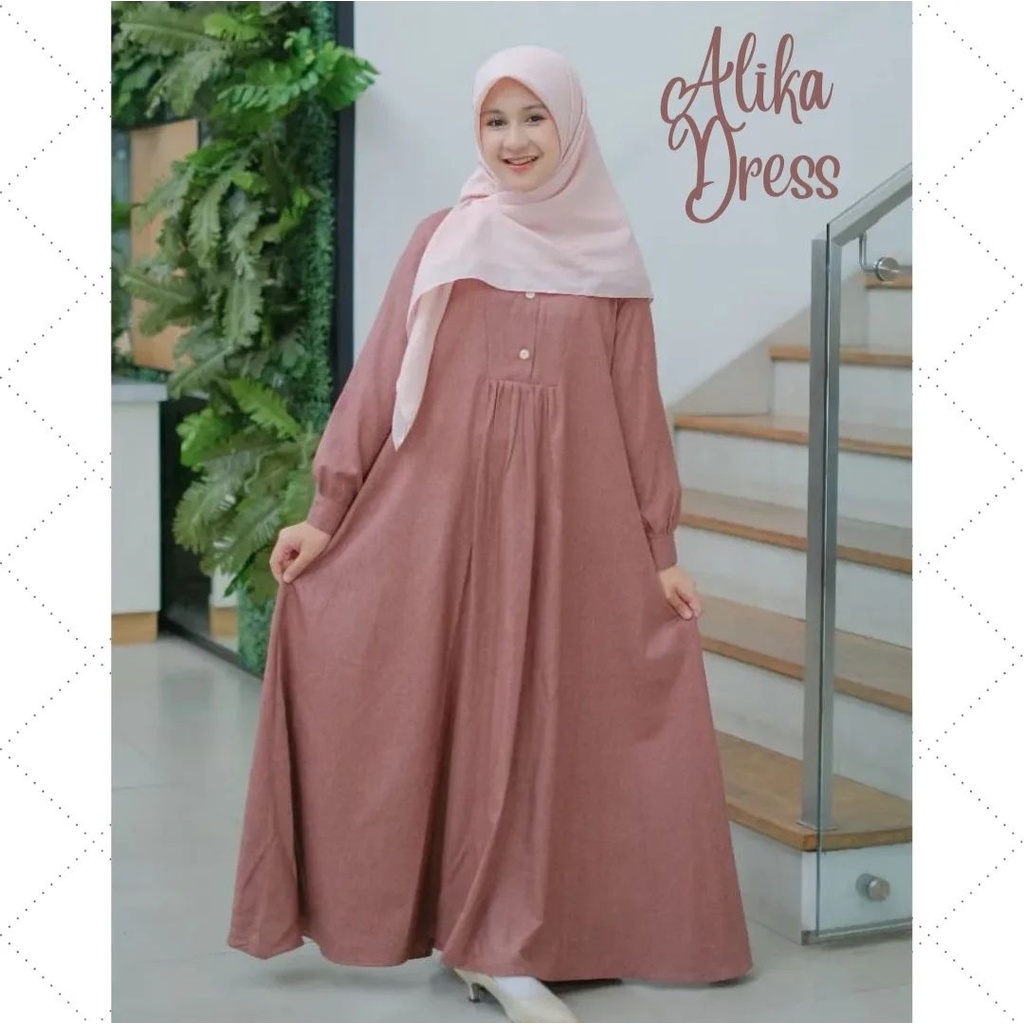 ALIKA DRESS Baju Muslim Remaja perempuan Crinkle Airflow Gamis Tanggung Untuk usia 11~13 Thn