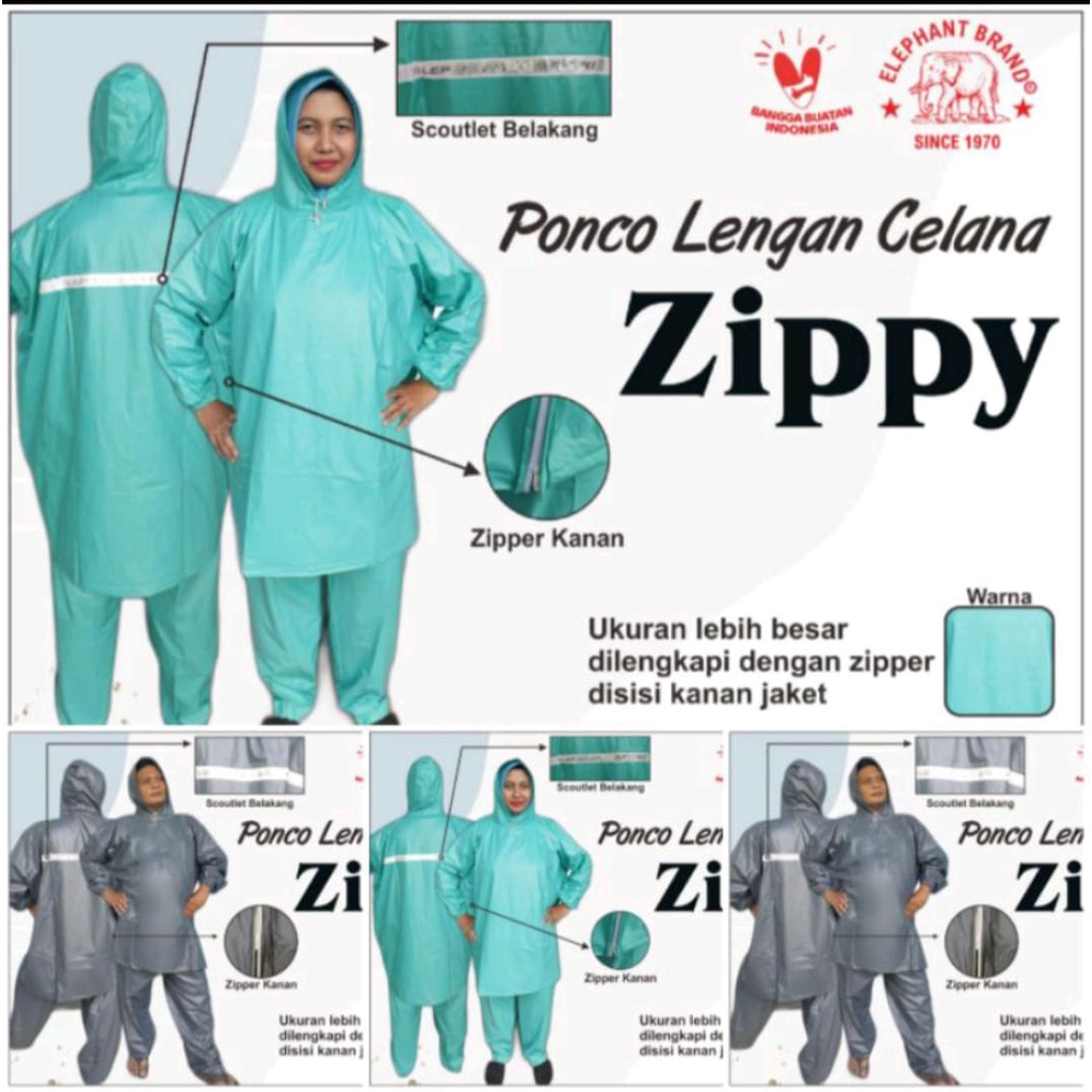 Jas Hujan Dewasa Elephant Poncho Celana/Kalong Celana Zippy