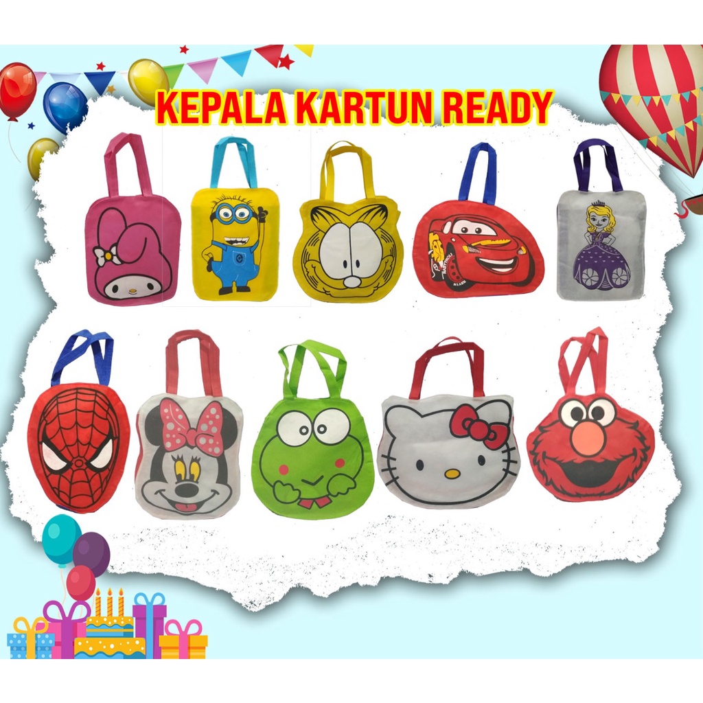 TAS KEPALA KARTUN SABLON NAMA ANAK/SOUVENIR ULANG TAHUN TAS READY