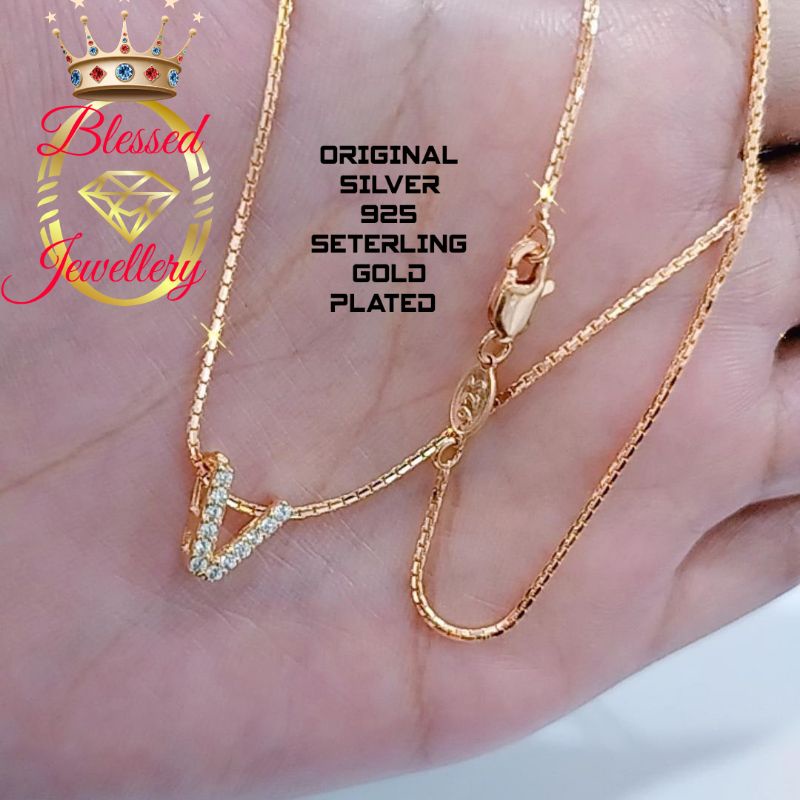 KALUNG PERAK ASLI 925 LAPIS EMAS MODEL ITALI SANTA LIONTIN HURUF V