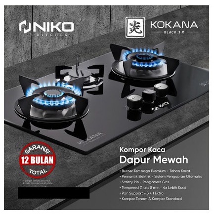 NIKO KOMPOR GAS TANAM KACA 2 TUNGKU / 3 TUNGKU KOKANA BLACK SERIES 2.0 / 3.0 MEWAH