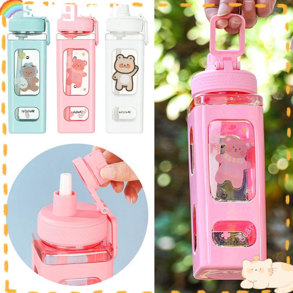 Solighter Botol Air Minum Jerami 700ML Anak Sekolah Dengan Stiker 3D 700ML Kapasitas Besar Kartun Beruang