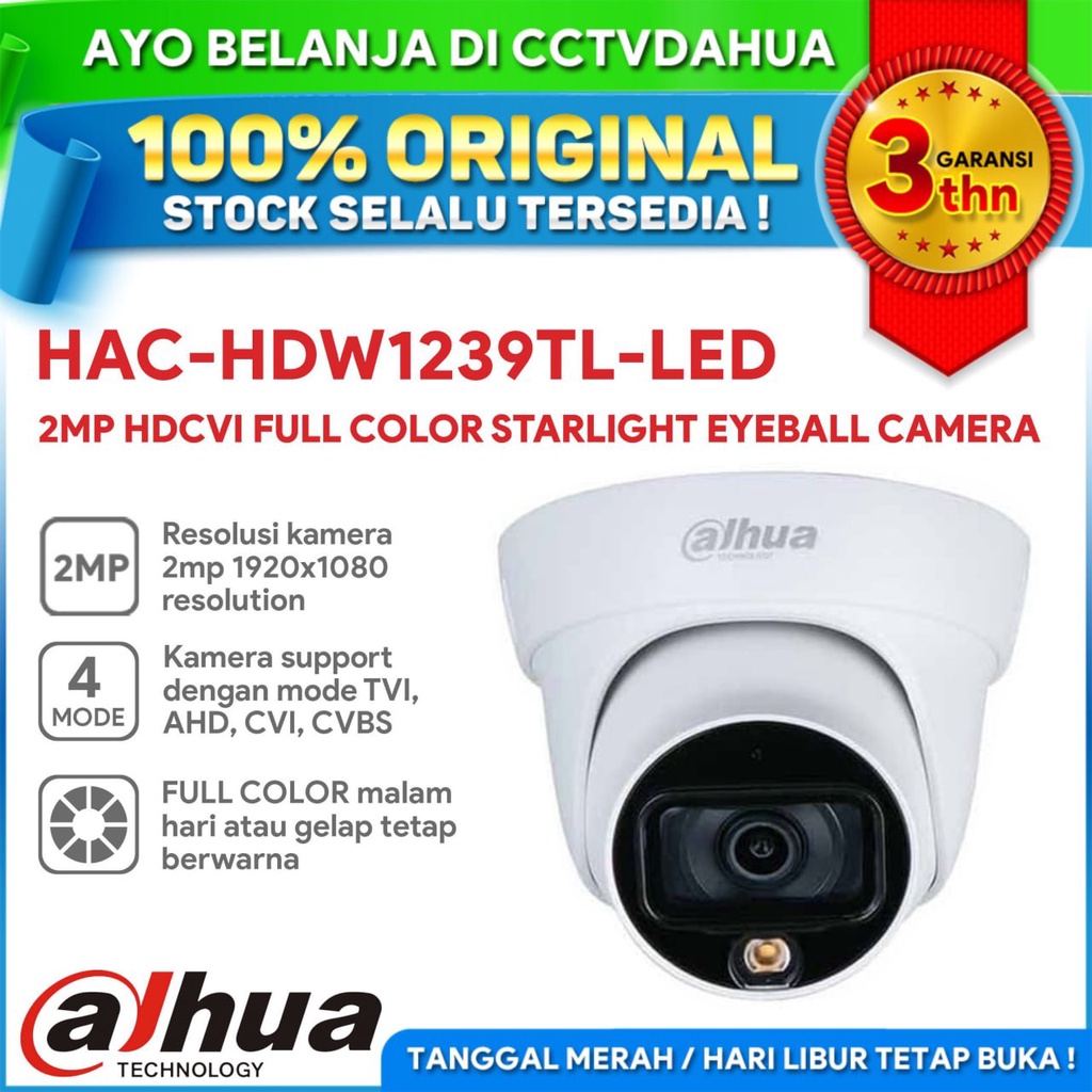 DAHUA HAC-HDW1239TL-LED 2M Full-color Starlight HDCVI Eyeball Camera Bergaransi Resmi 3 Tahun