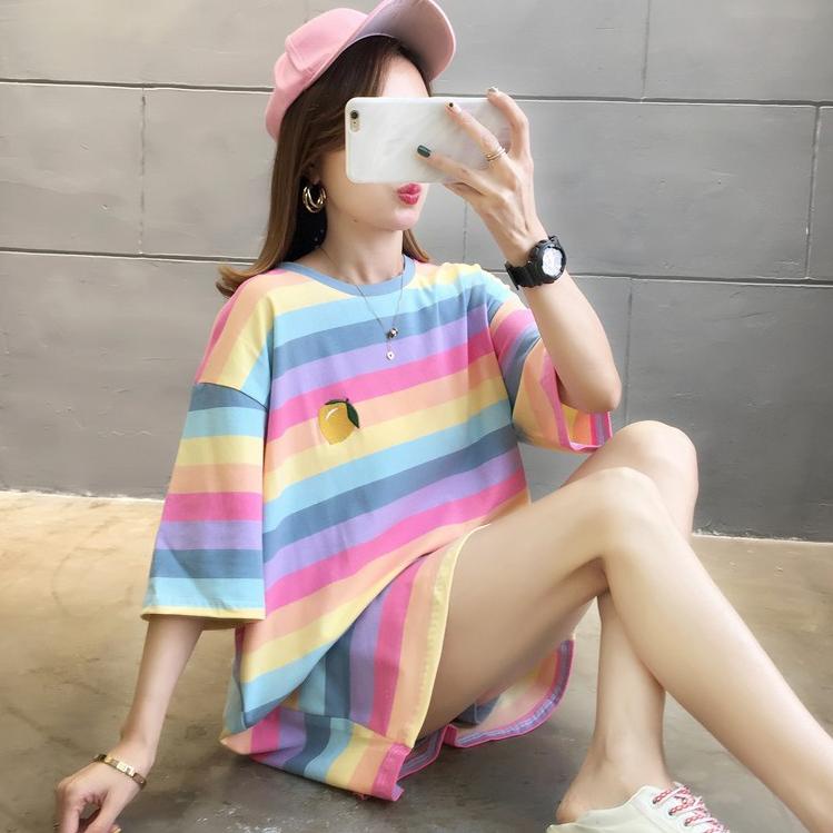 Siap Kirim RAINBOW FRUIT TSHIRT IMPORT OVERSIZE TEE KAOS OVERSIZE KOREA WANITA MURAH MOTIF GARIS BEL