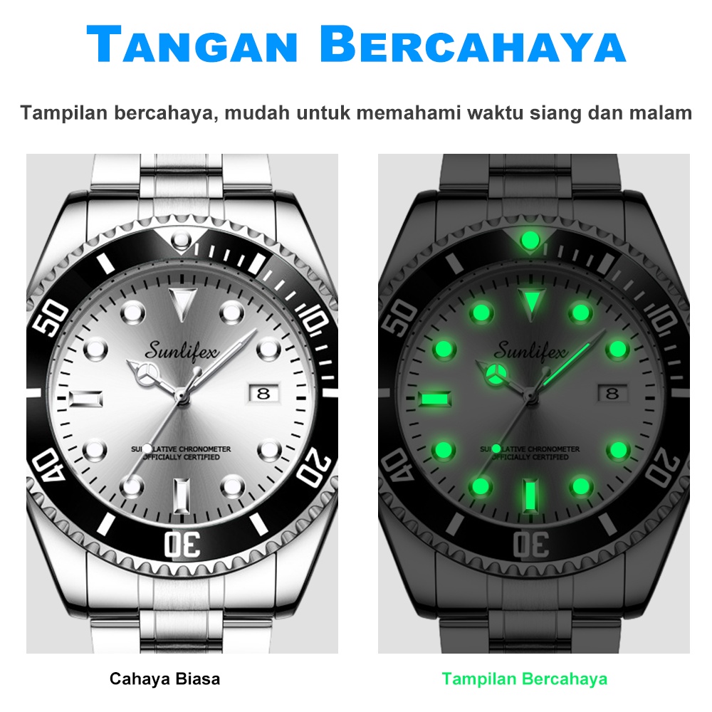 GARANSI SUNLIFEX JAM TANGAN PRIA 9001-A ANTI AIR ORIGINAL KALENDER KUARSA TALI STAINLESS STEEL