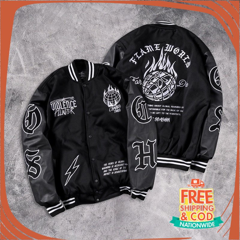 JAKET JEANS NEW BREND DENIM UNISEX/ [N00624] Jaket Baseball Varcity Distro Motif FLAME MORID