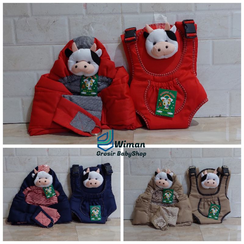 Paket Hemat (2 in 1) Gendongan Bayi Depan Ransel Dan Gendongan Bayi Samping Topi Kerut Boneka Sapi