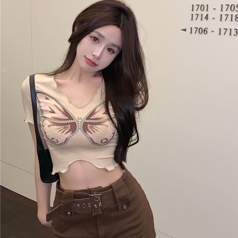 Red Motif Kupu-kupu Leher V Terkena Pusar Pinggang Tinggi Lengan Pendek Lengan Pendek T-shirt Wanita Musim Panas Slim Fit Ketat Gadis Panas Keinginan Murni Top