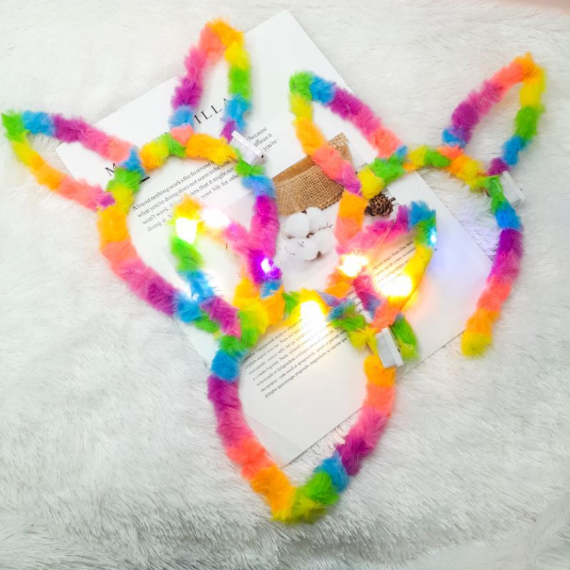 Bando Lampu Menyala Bulu Rainbow / Bando Anak Menyala / Bando Telinga Kelinci Bulu Warna-Warni