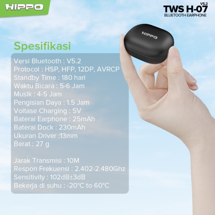 Hippo True Wireless Bluetooth Earphone Mini Earbuds TWS H-07 V5.2 - White