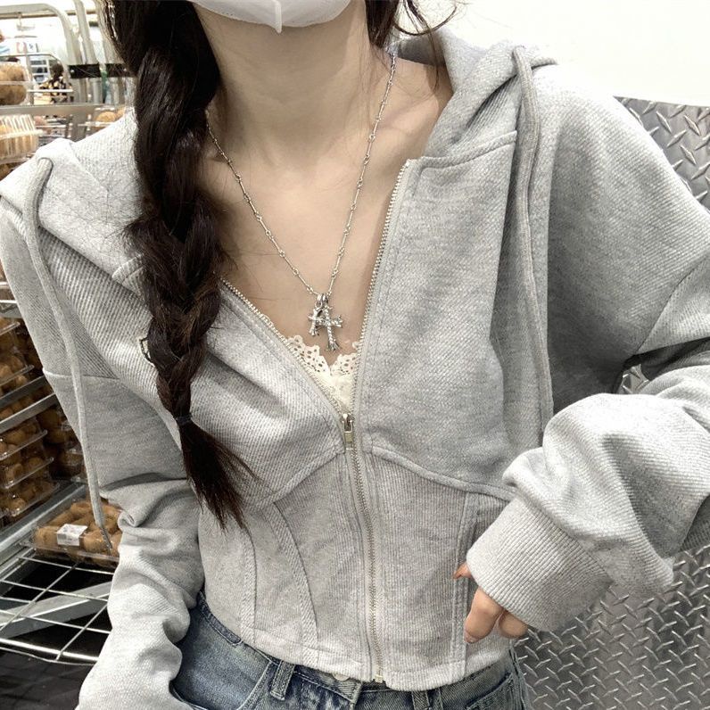 ▤۩Gaya Amerika sweater berkerudung wanita musim semi dan musim gugur bagian tipis dalam selera desain jaket kardigan atas gadis pendek yang chic
