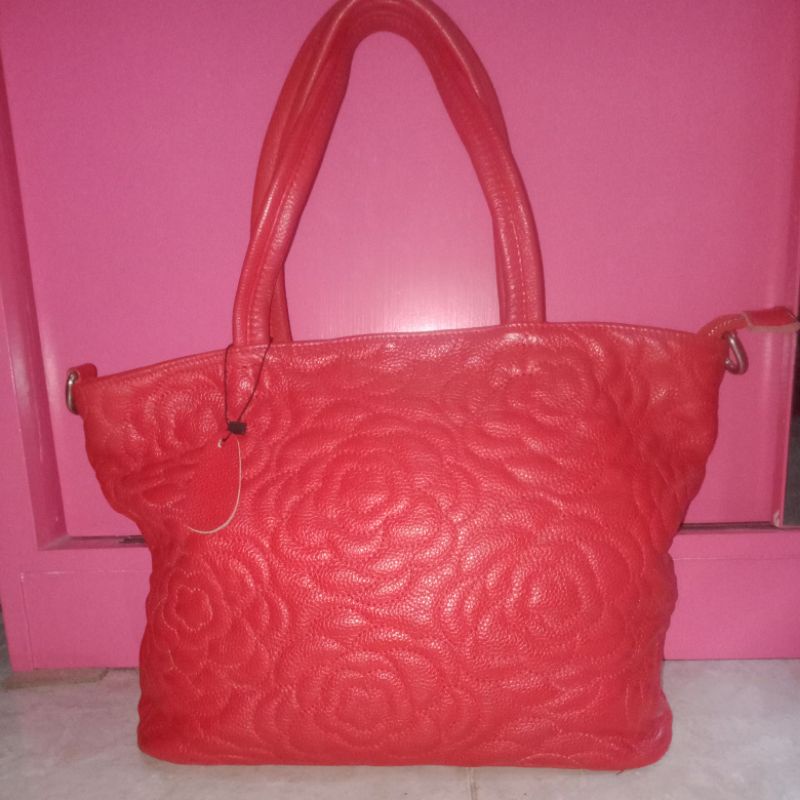 Tas Tote Kulit Asli Warna Merah Preloved