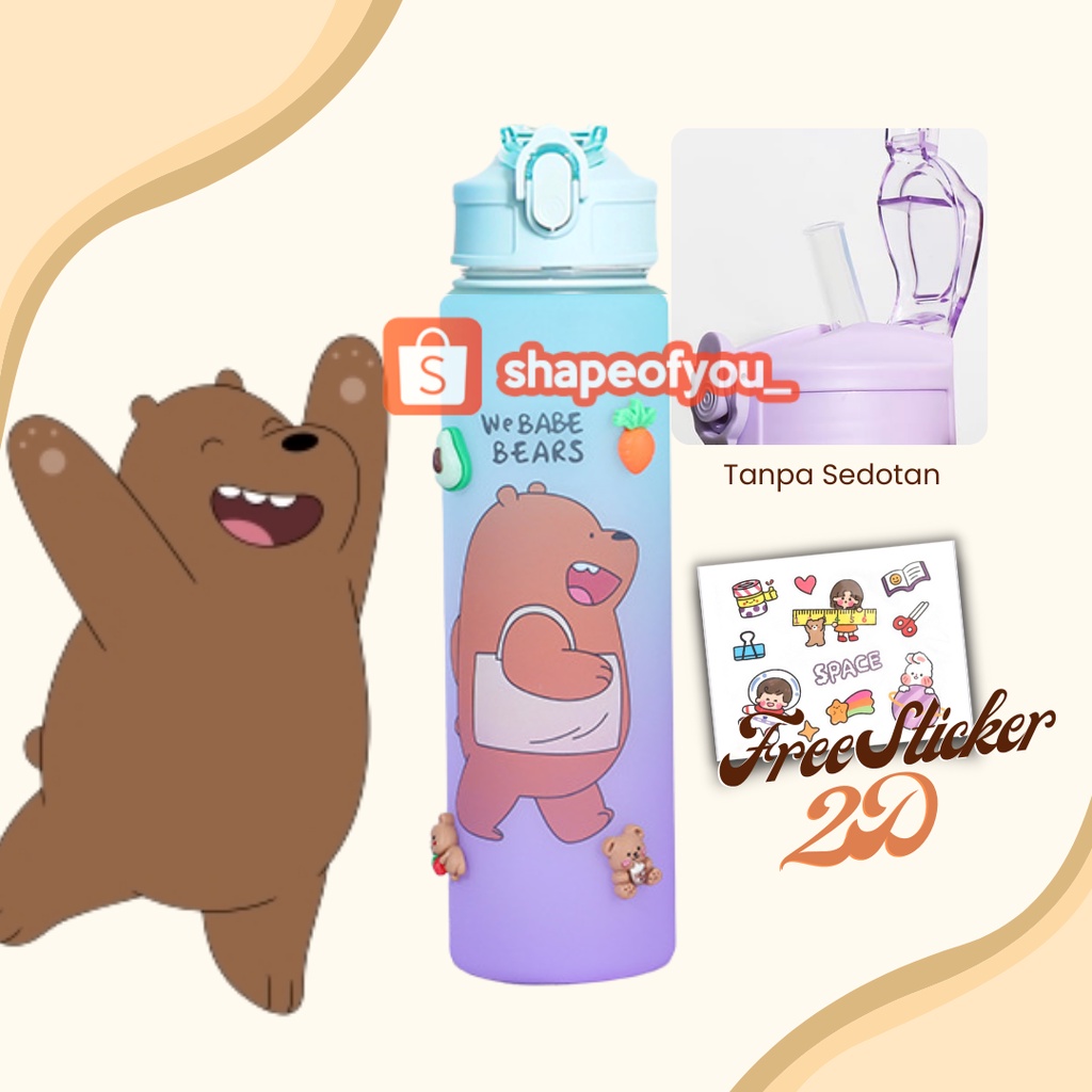 Botol Minum Rainbow Karakter We Babe Bears 850ml Sedotan Tali Strap Freee Sticker