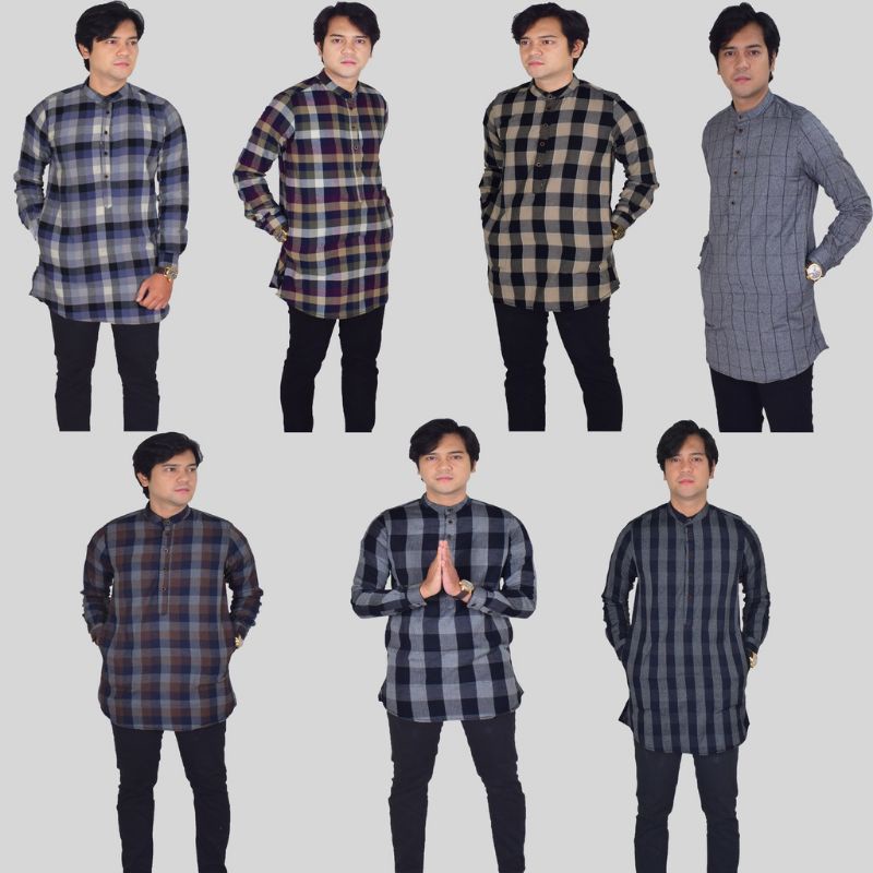 Baju koko Shanghai Flanel Pria Lengan Panjang Slimfit Kurta Pakistan