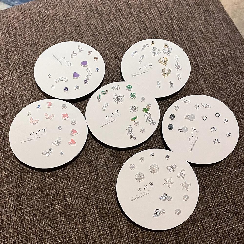 Anting Set 14 Pcs / 7 Set Anting Stud Bulat Silver Model Kupu-Kupu Hati Bola Mutiara Kotak-Kotak Hitam Putih Untuk Wanita