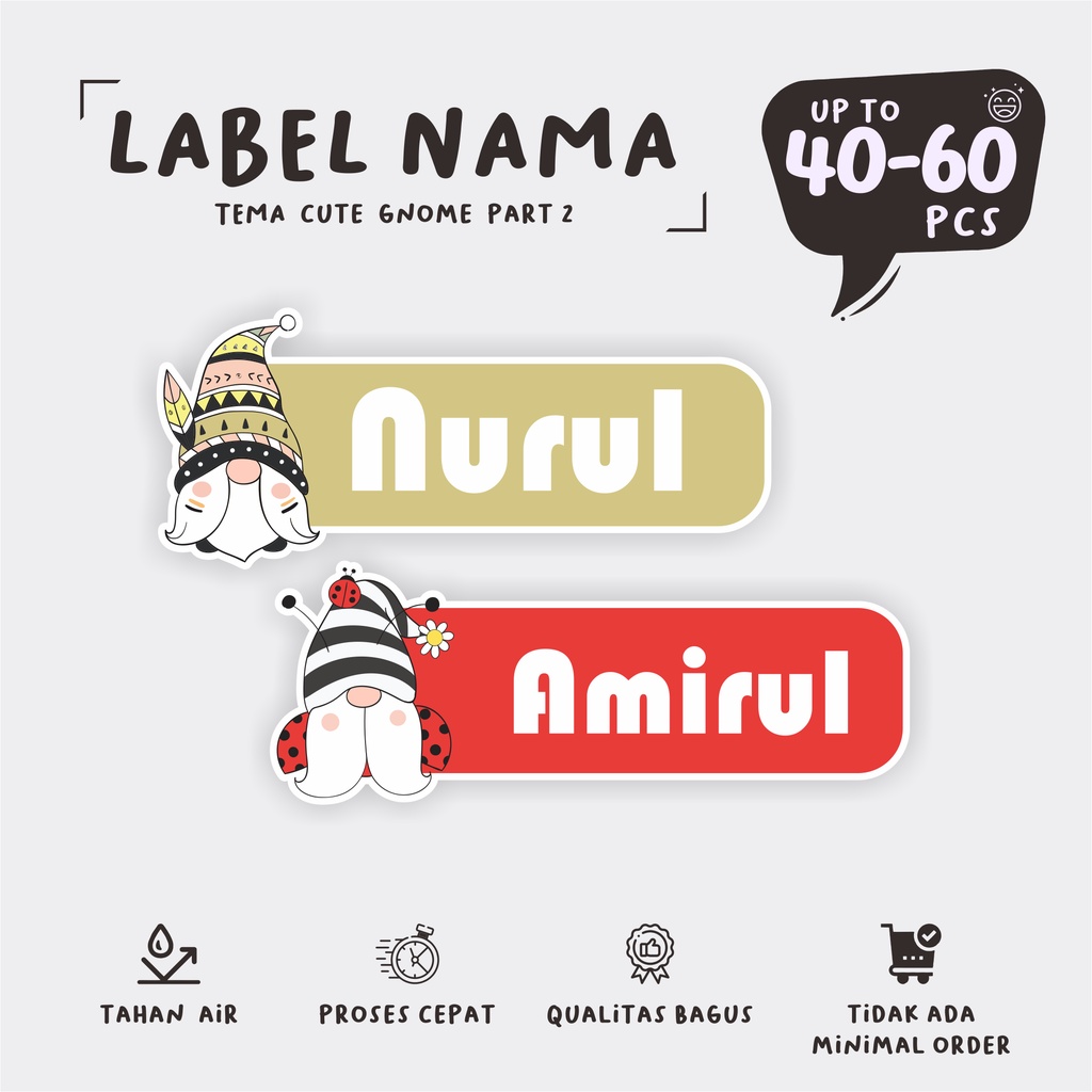 

( 40 - 60 pcs ) tema CUTE GNOME part 2/cetak stiker nama anti air/label nama/custom nama