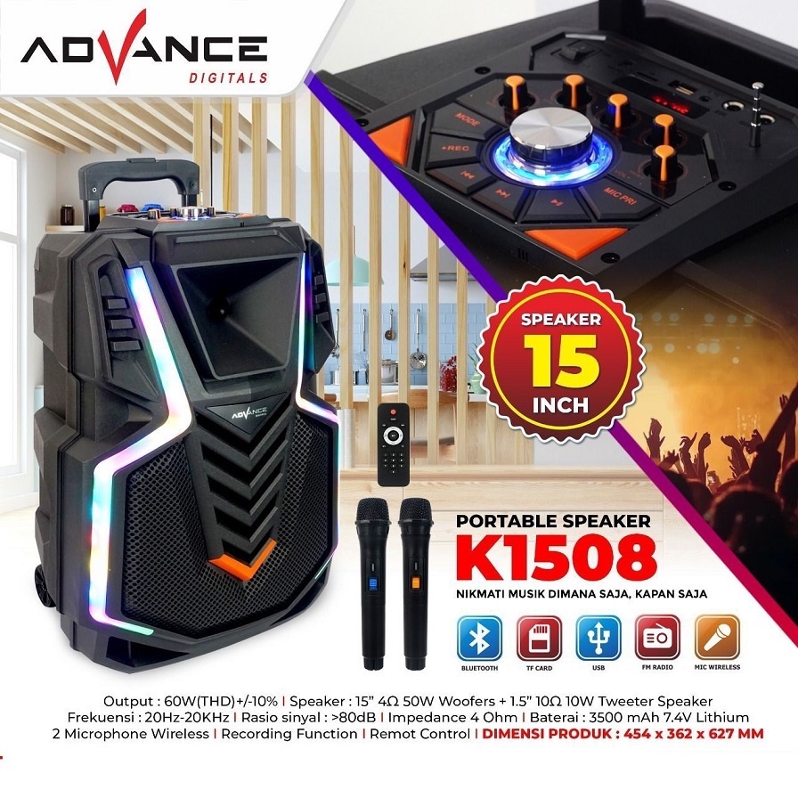 Speaker Portable Advance K 1508 / K1508 Bluetooth 15 Inch Free Mic