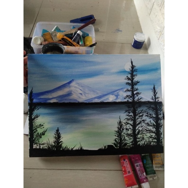 MURAH 30x40 Lukisan kanvas handmade pemandangan pegunungan simple minimalis sederhana