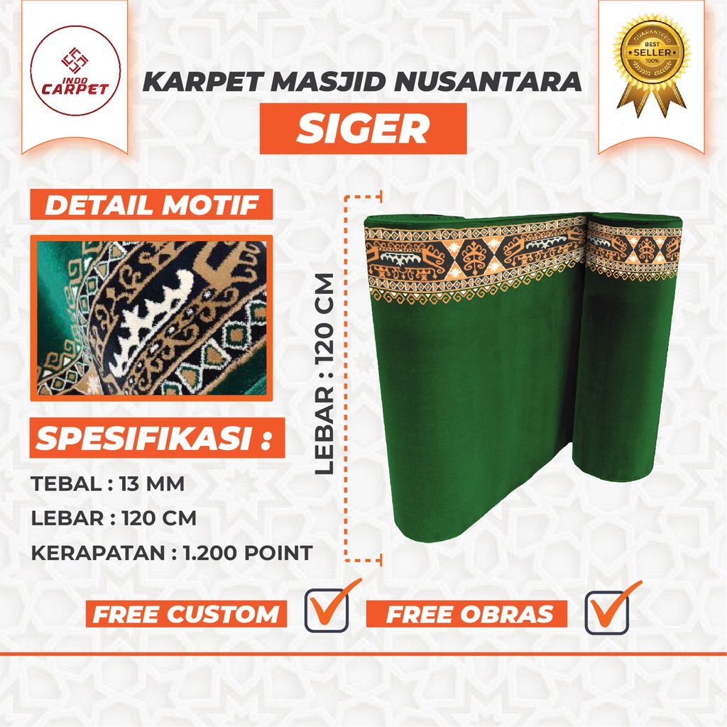 Karpet Masjid Meteran Rollan Tebal 13 ML Halus Lembut Ukuran Tinggi 120 cm Motif Nusantara Siger Pol