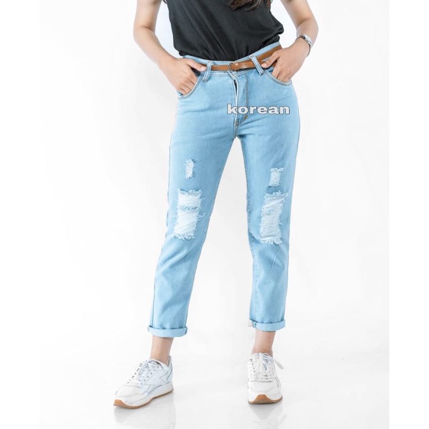 CELANA JEANS WANITA MODEL SOBEK LAPIS FURING BISA BUAT HIJAB WARNA MEDIUM BLUE