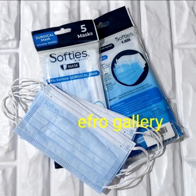 Masker Softies SURGICAL Mask 3 ply. 1 pack isi 5 pcs. BIRU. Baca deskripsi
