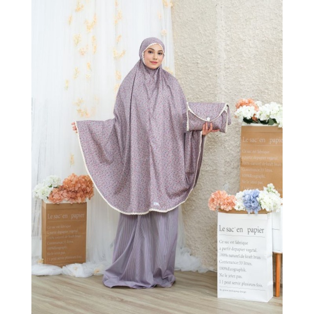 mukena katun Jepang ori motif bunga warna ungu