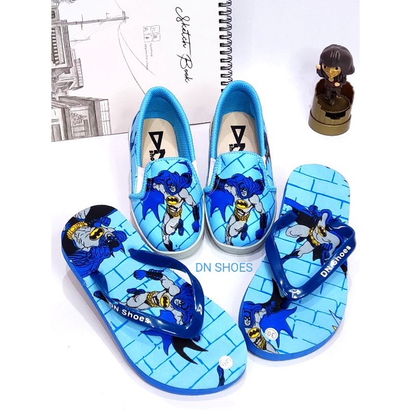 Paket Sepatu Anak Sandal Jepit Anak Paket Slip On Sandal Flat Anak Laki Laki Keren Karakter Batman Biru Lucu