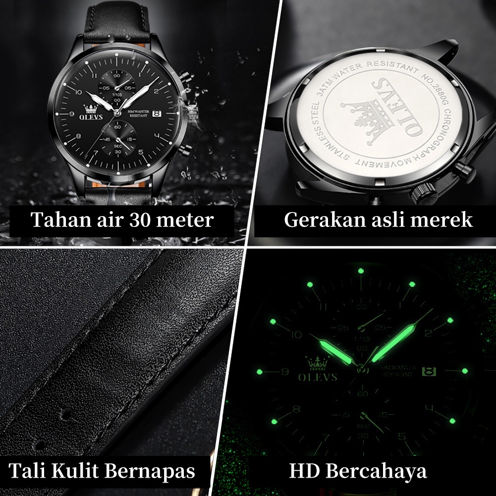 OLEVS Jam Tangan Pria Original Anti Air Kulit Tahan Keren Led Hitam Coklat Luxury Chronograph Watch Men Multifungsi