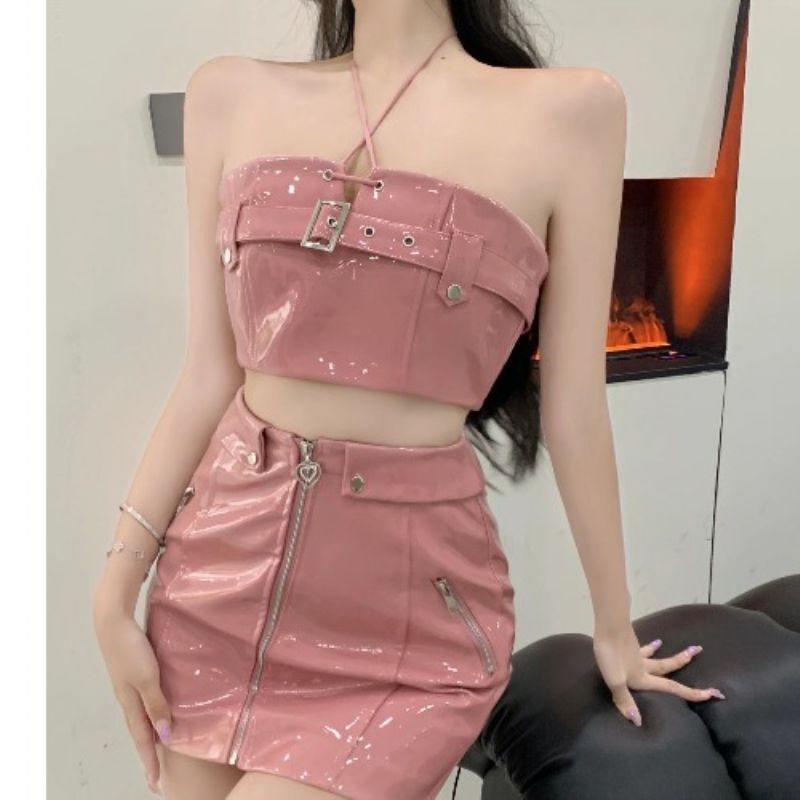 Red [Setelan Dua Potong] Pure Desire Hot Girl Pink Pendek Tube Top Rompi + Tinggi Pinggang Slim Skinny Hip Rok