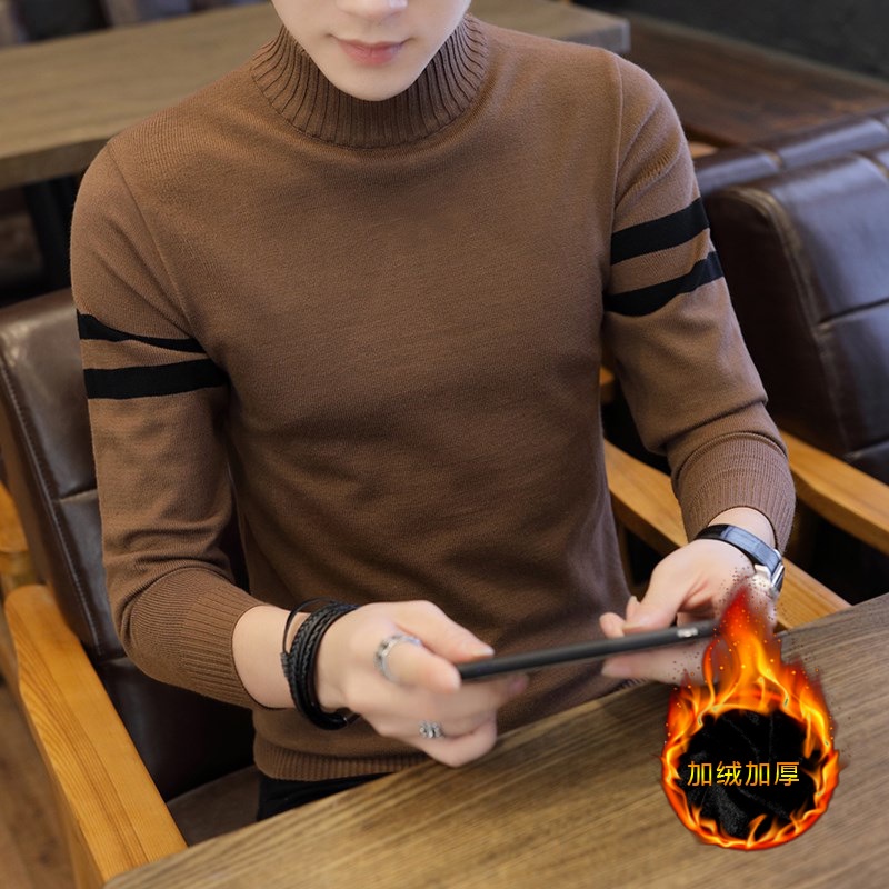 Supply  Bulu Berlapis Dua Bar Turtleneck Sweater Pria Korea Slim-Fit pemuda Bottoming Sweater Tebal