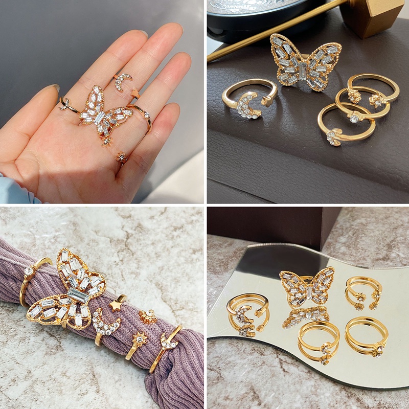 5pcs/set Cincin Bohemian Gelombang Bunga Untuk Wanita Vintage Geometris Mutiara Butterfly Metal Chain Knuckle Rings