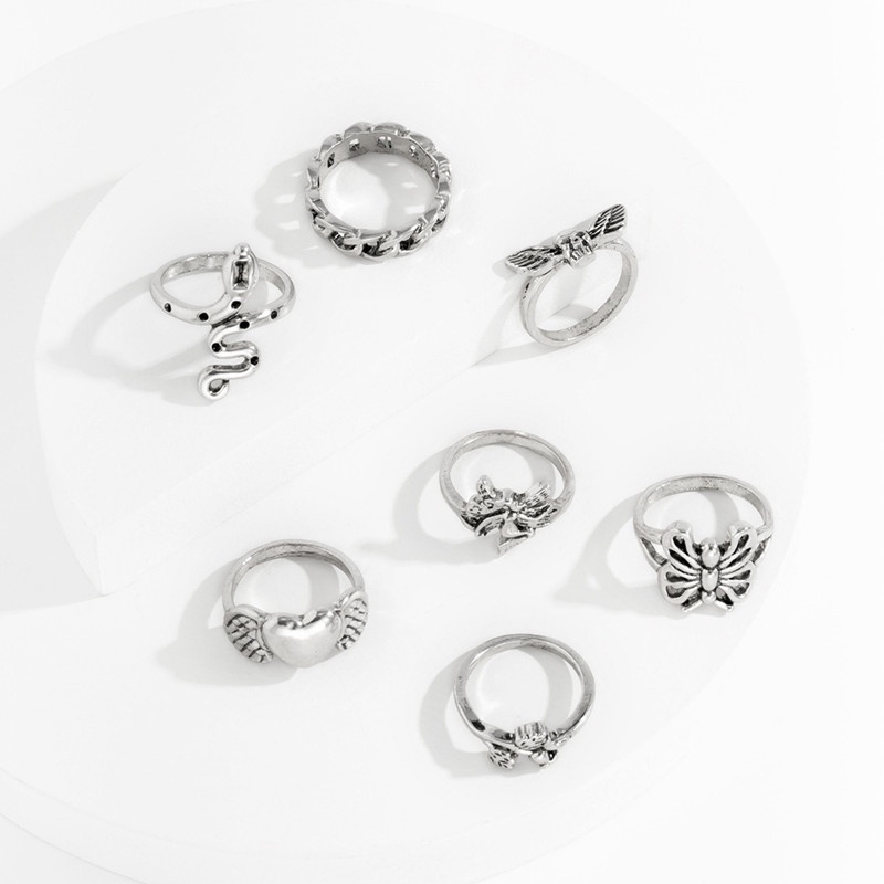 7pcs/set Vintage Cincin Logam Warna Silver Untuk Wanita Spider Heart Butterfly Mushroom New Arrival Rings