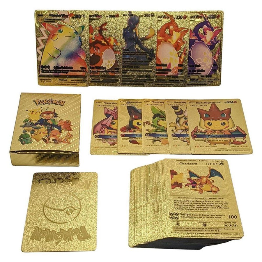 Kartu Pokemon trading card gold vmax TCG CCG 55 pcs game pikachu langka metal Warna emas premium ant