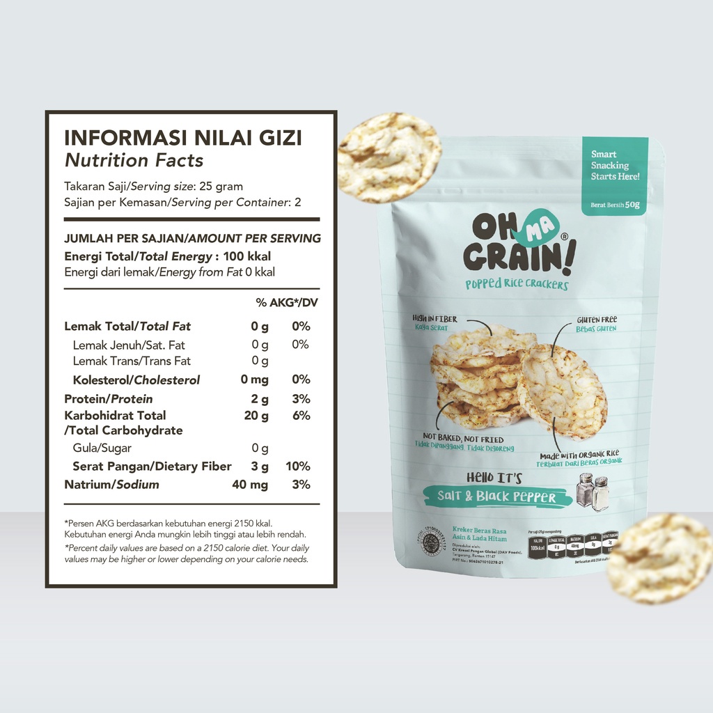 Oh Ma Grain! Popped Rice Crackers Salt &amp; Black Pepper Snack Makanan Ringan 50gr