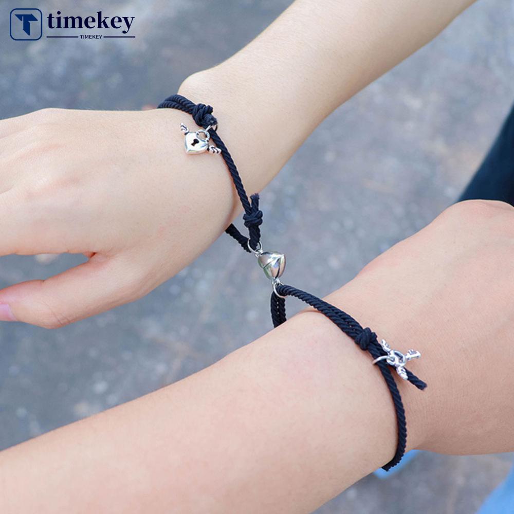 Timekey Wanita Magnet Pasangan Gelang Pecinta Kunci Hati Dikepang Tali Rantai Pergelangan Tangan Minimalis Perhiasan Hadiah D1J6