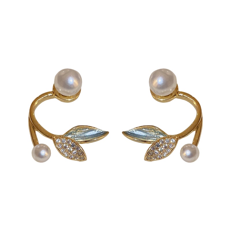 Anting Mutiara Daun Hijau Berlian Berkilau Aksesoris Telinga Korea Wanita