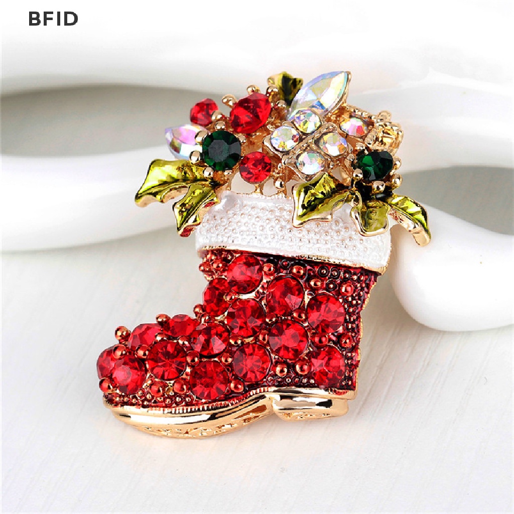 [BFID] 1x Baru Berlian Imitasi Kristal Natal Stocking Boot Pin Bros Xmas Hadiah Nada Emas [ID]