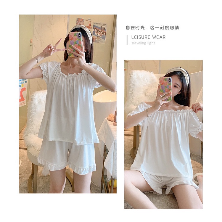 Piyama Set Wanita Dewasa Setelan Baju Tidur Cute Lengan Pendek Celana Pendek Import French Putih Susu