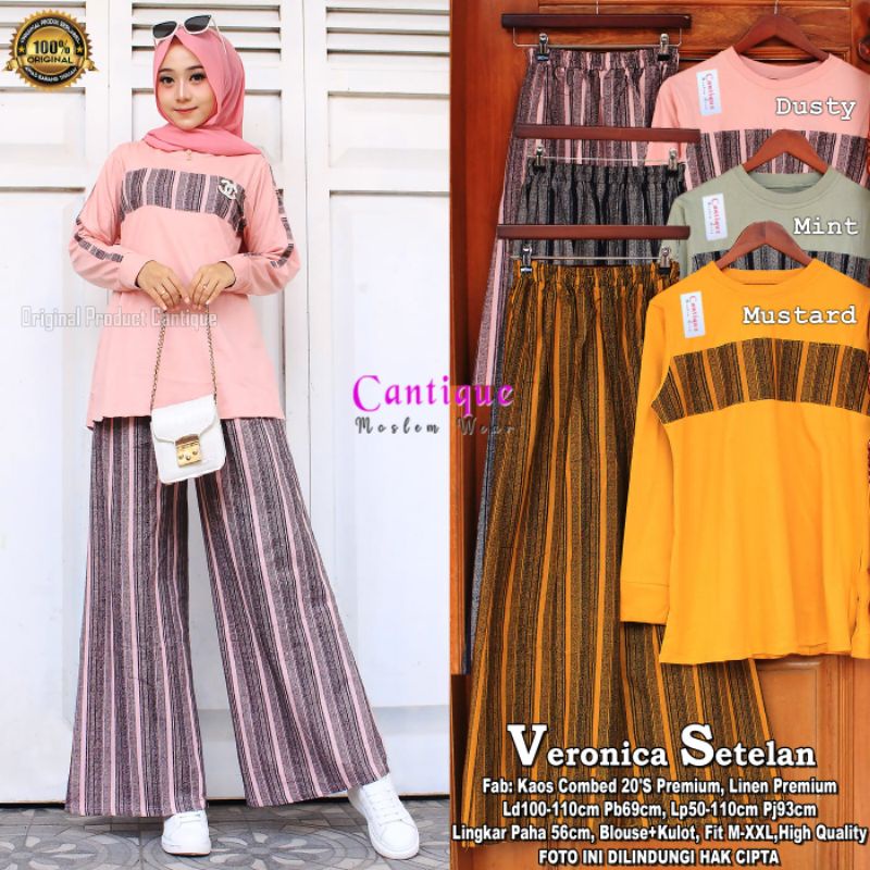 Veronica Set Kulot Dewasa Terbaru Setelan Kulot Salur Dan Atasan Kaos Jumbo Wanita Dewasa LD 110 Cm