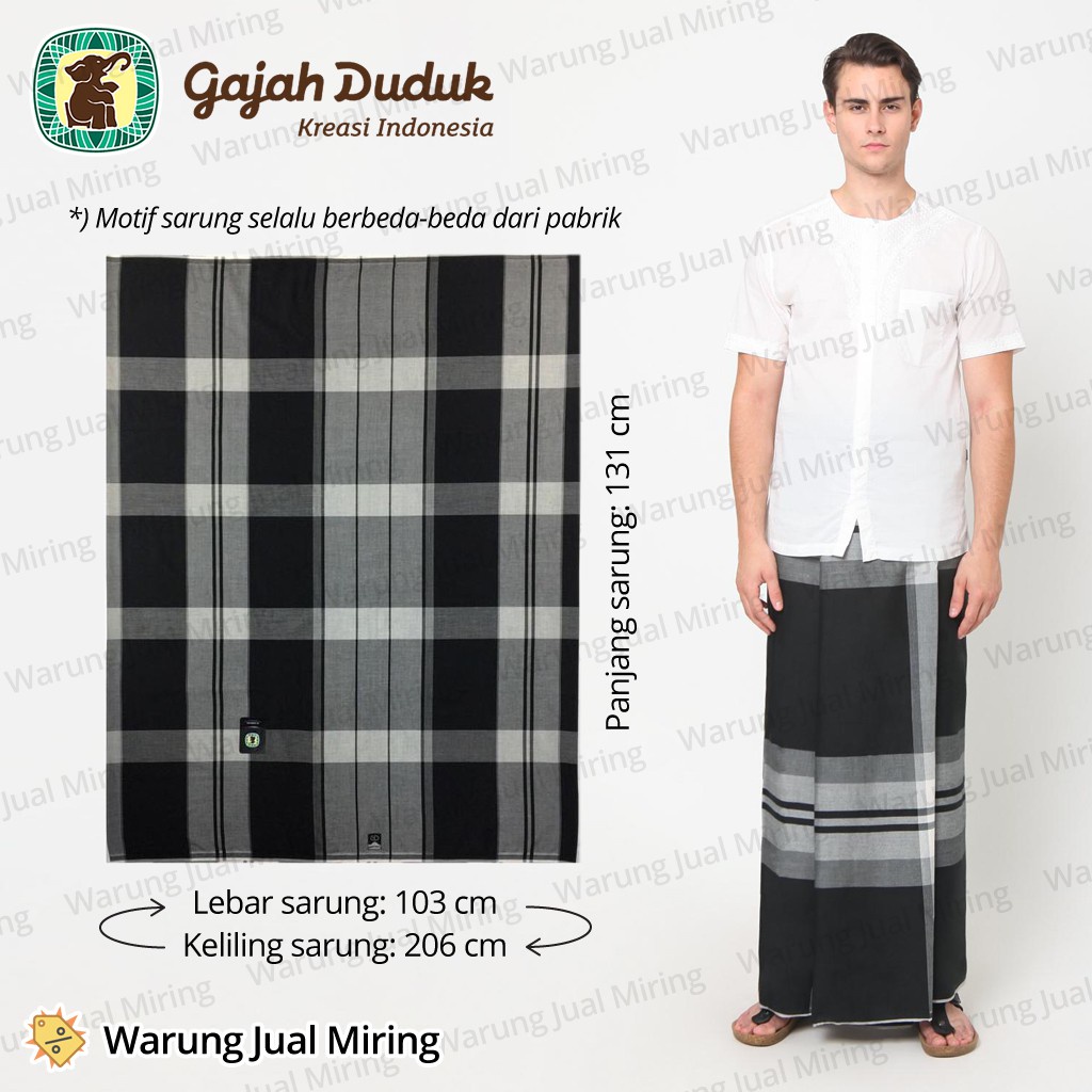 Sarung GAJAH DUDUK Black &amp; White BW Hitam Putih Sarung Cap Gajah Duduk Original Asli Dewasa Pria Laki Kain Samping Perlengkapan Sholat Anak Santri Sarung Putra Gajah Duduk Bahan Katun Tenun Jumbo Super Premium Warna Polos and Motif Kotak Sarung Wadimor