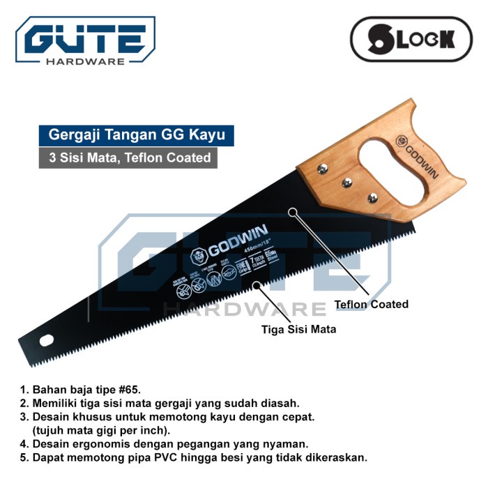 GUTE GODWIN Gergaji Tangan 3 Mata Teflon Coated GG Kayu Gorok Kayu