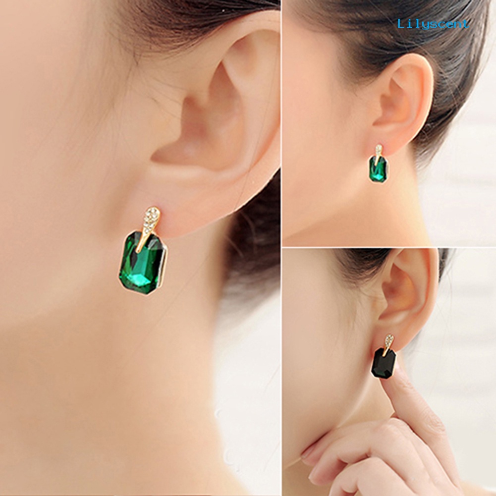 [LS] Wanita Elegan Persegi Panjang Berlian Imitasi Ear Studs Earrings Perhiasan Hadiah Ulang Tahun