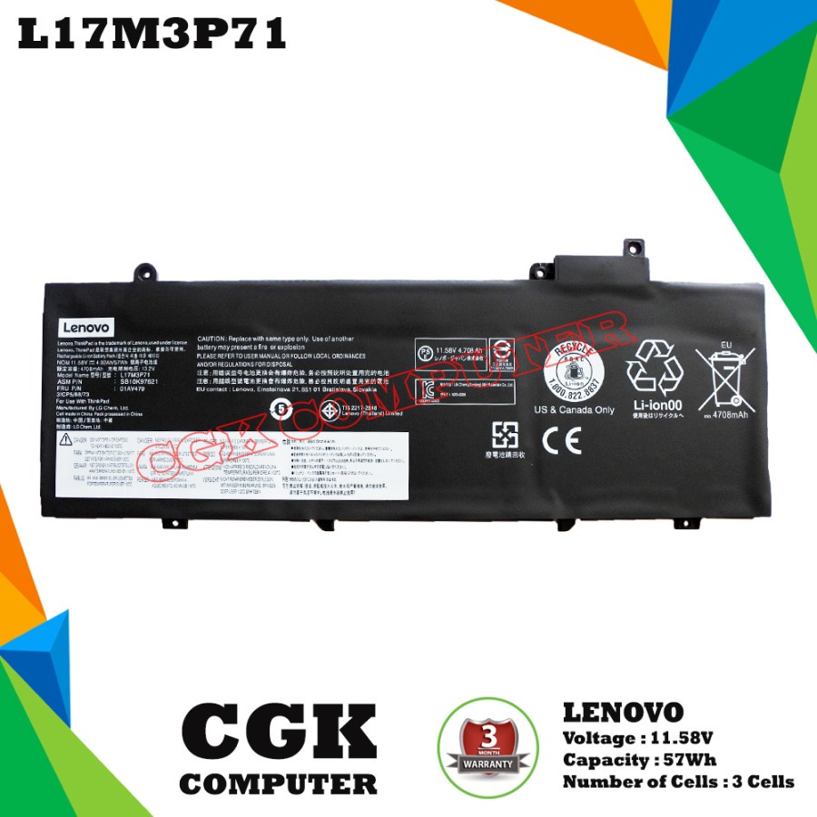 Baterai Laptop Lenovo ThinkPad T480S,T480S FHK,T480S GHK,T480S-20L7 L17M3P71