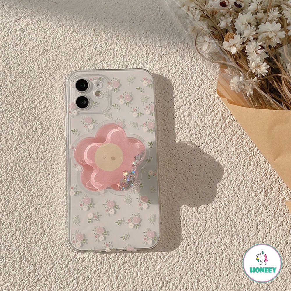 Spring Flower Sequin Quicksand Stand Holder Phone Case Kompatibel Untuk IPhone 14 13 12 11 Pro Max Clear Stand Mount Shockproof Soft TPU Back Phone Cover