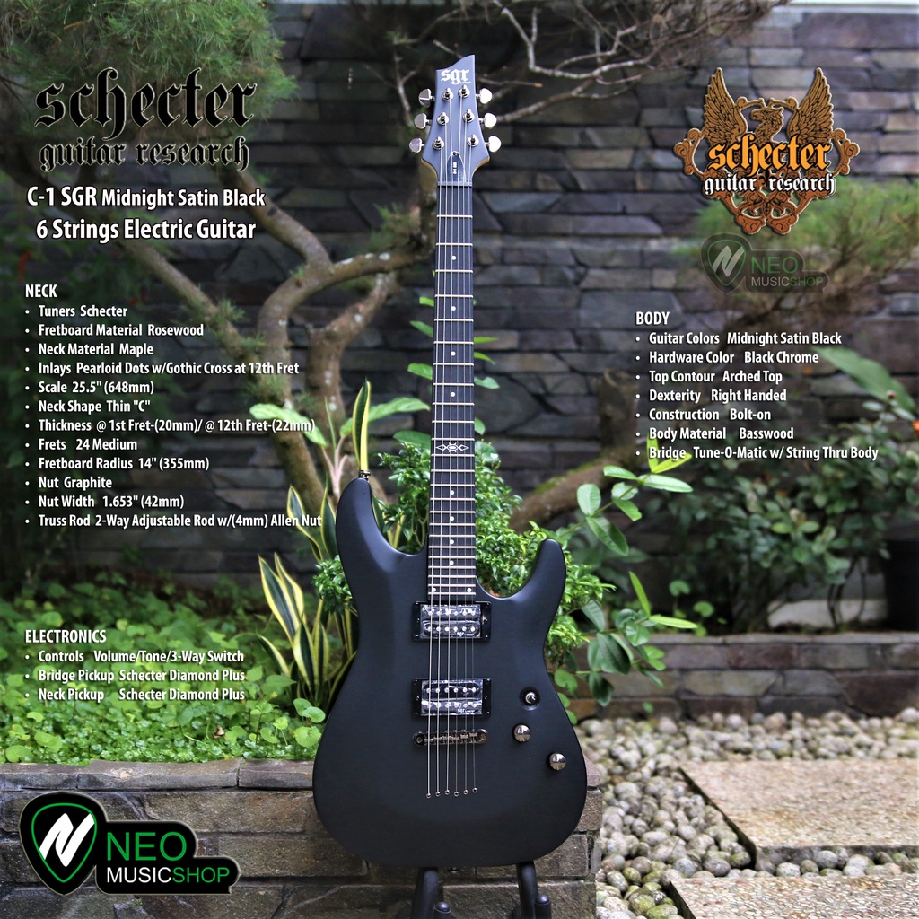 SCHECTER C1 SGR Midnight Satin Black 6 Strings Electric Guitar Original