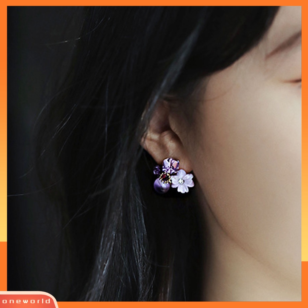 {oneworld} 1pasang Indah Menawan Wanita Anting Hadiah Berlian Imitasi Ungu Bunga Stud Earrings Perhiasan Aksesori