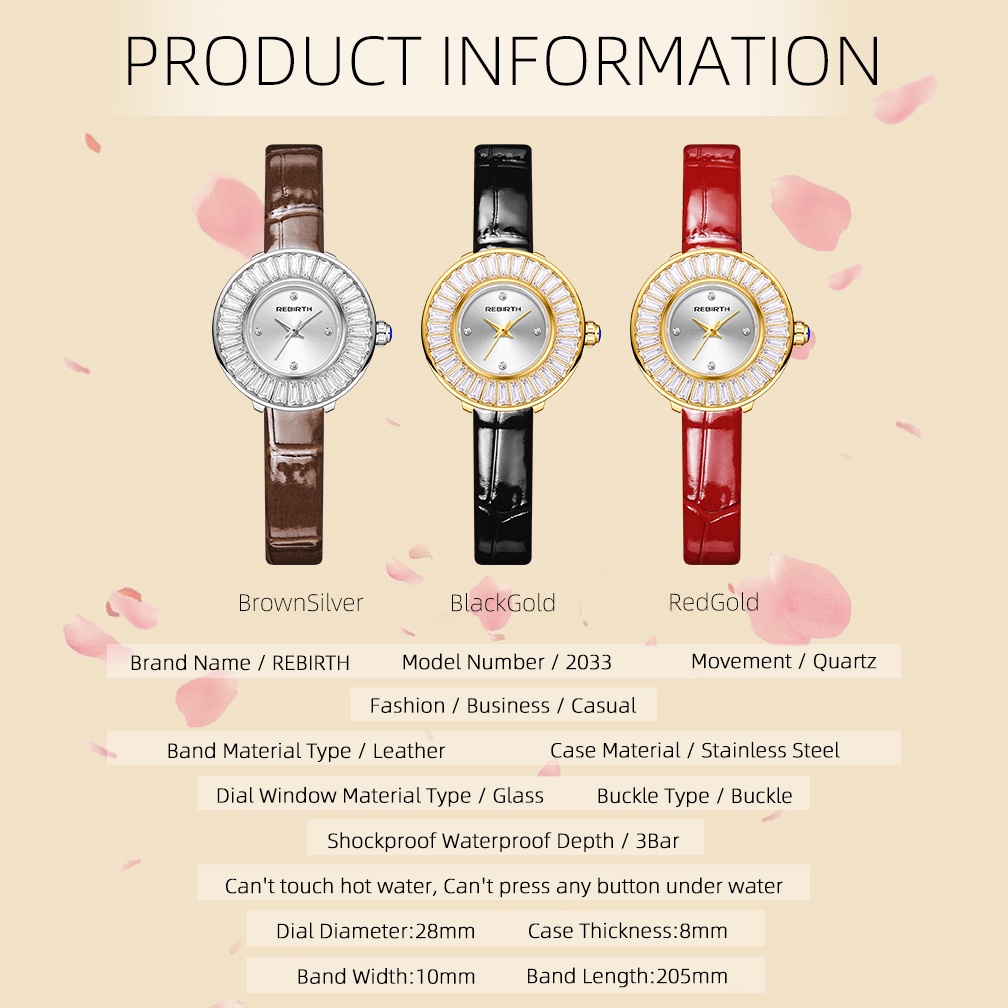 REBIRTH Jam Tangan Wanita Anti Air Original Fashion Elegant Delicate Diamond Dial Tali Leather  Quartz Jam Tangan Cewek